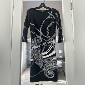 Black & White Chain Print Sheath Dress | 3/4 Sleeve | Classic Chic